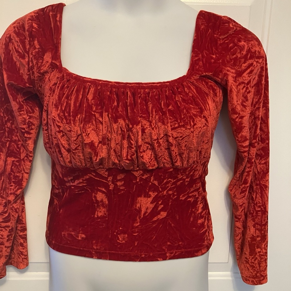 NWT Seven 7 Sz Large Crushed Velvet Red Shirt Crop Top Women's Long Sleeve‎ Boho